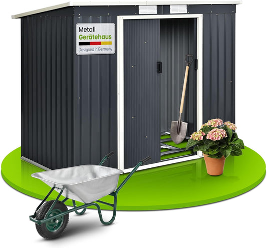 Juskys Metall‑Geräteschuppen Anthrazit 213×130×173 cm – Feuerverzinktes Stahlblech, Pultdach, Doppelschiebetür, 4 m³ Stauraum